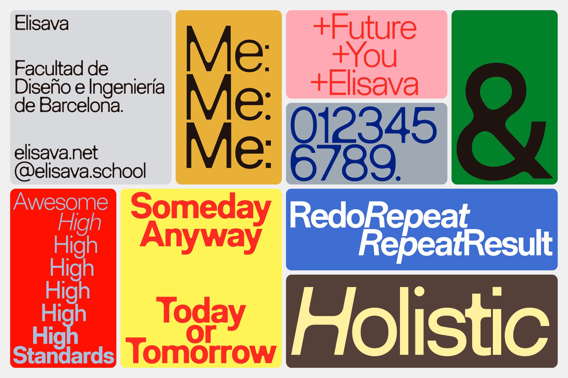 This design utilizes a highly modular grid system to present various pieces of information or branding elements. The visual language relies on strong color blocking and high contrast to create distinct, easily digestible units. The overall feel is professional, structured, and energetic due to the vibrant yet controlled color palette.