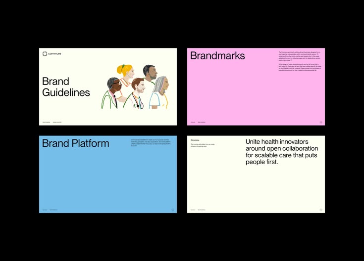 The image displays a set of clean, modern presentation slides or mockups, characterized by ample white space and a professional, corporate aesthetic. The design relies on simple iconography and clear typography to convey brand guidelines and platform concepts effectively.