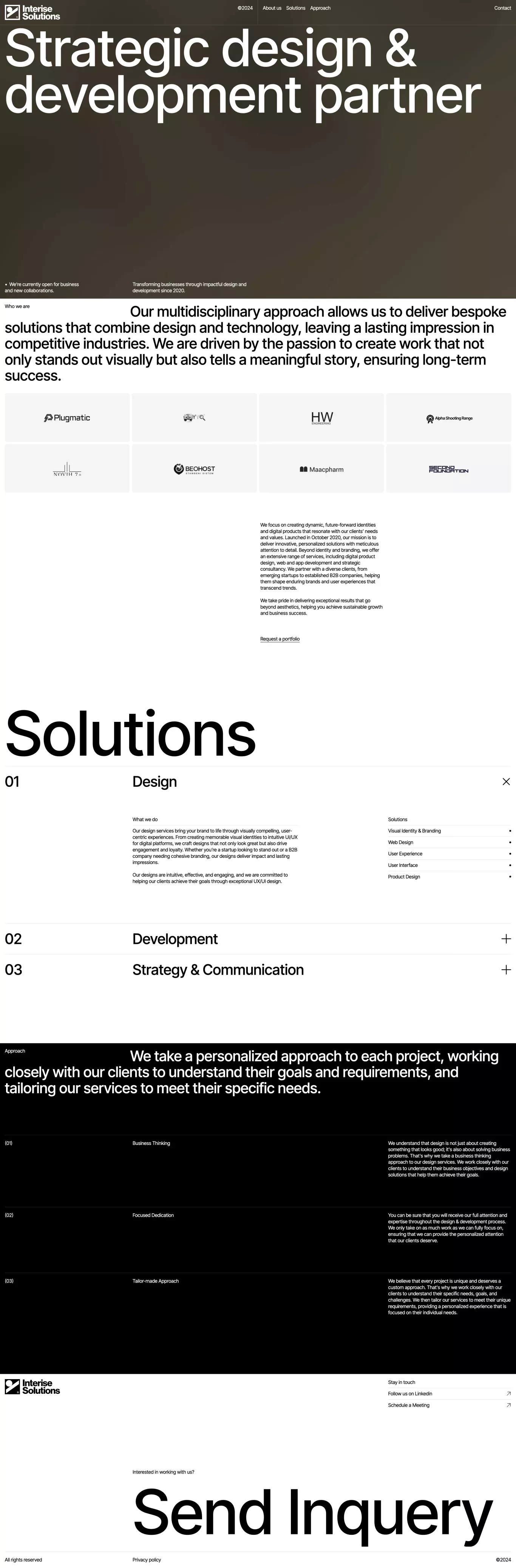 The design employs a minimalist and highly structured approach, utilizing ample white space to emphasize clarity and professionalism. The visual language is clean and modern, relying heavily on typography and clear sectioning to guide the user through complex services.