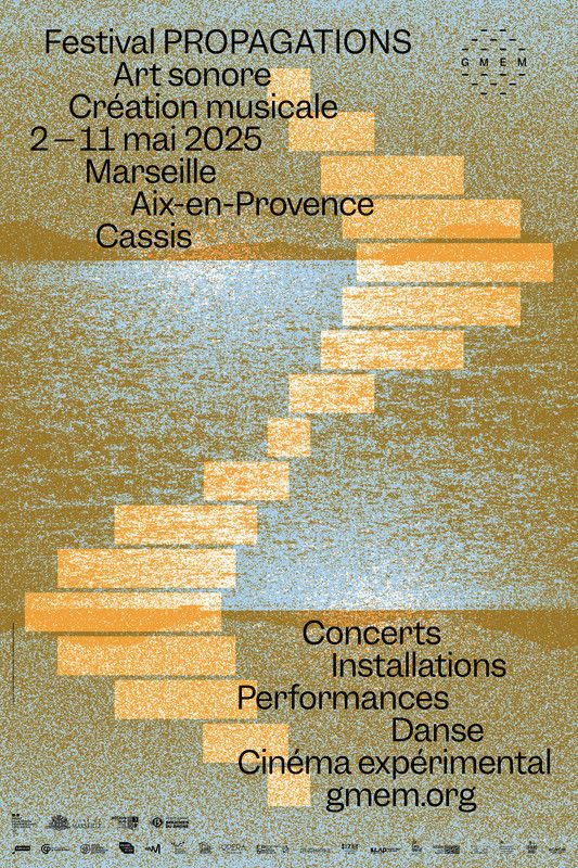 The poster employs a muted, earthy color palette dominated by ochre and muted blue-gray tones, creating a sophisticated and somewhat organic feel. The design uses strong diagonal lines to guide the viewer's eye across the composition, balancing textual information with abstract visual elements.