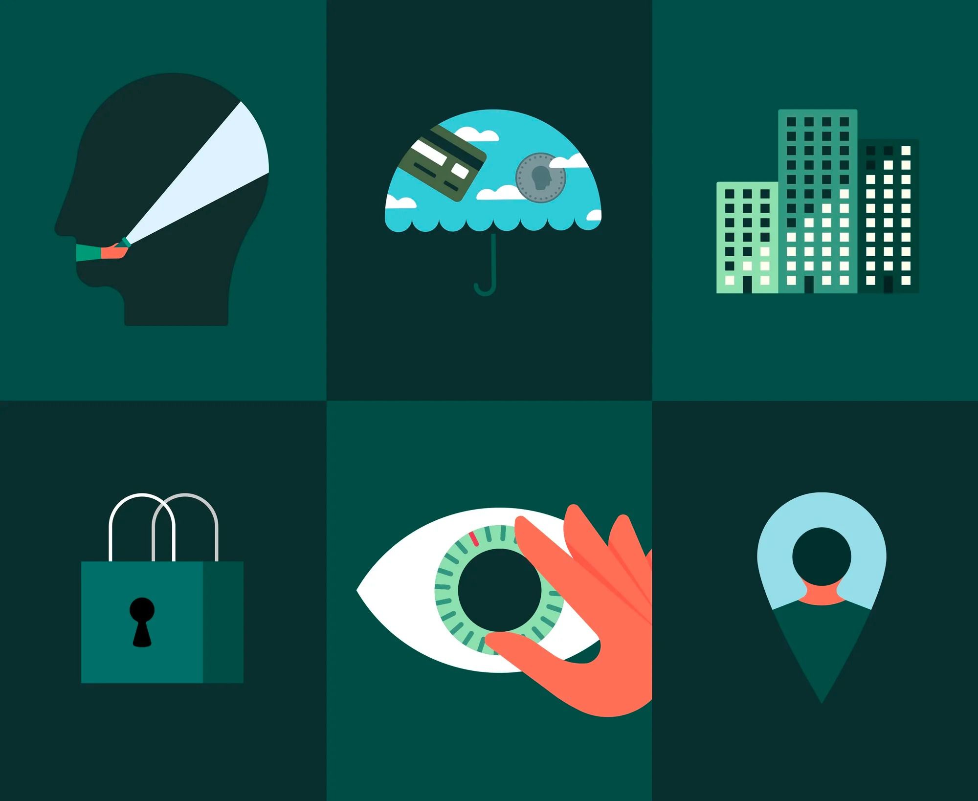 This image uses a flat, iconographic style with a dark teal background and simple, recognizable silhouettes to represent concepts related to security, identity, and finance. The visual language is clean, modern, and highly symbolic, relying on clear shapes to convey meaning quickly.
