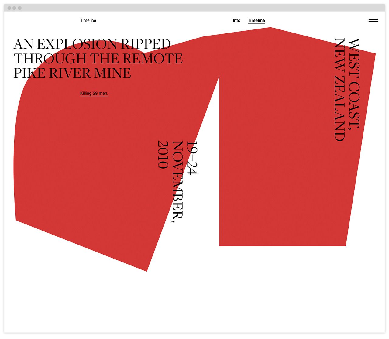 The design utilizes a bold, minimalist timeline visualization with a strong, monochromatic color palette to convey a serious or historical narrative. The layout is dominated by large, overlapping shapes that suggest progression or impact across a timeline.