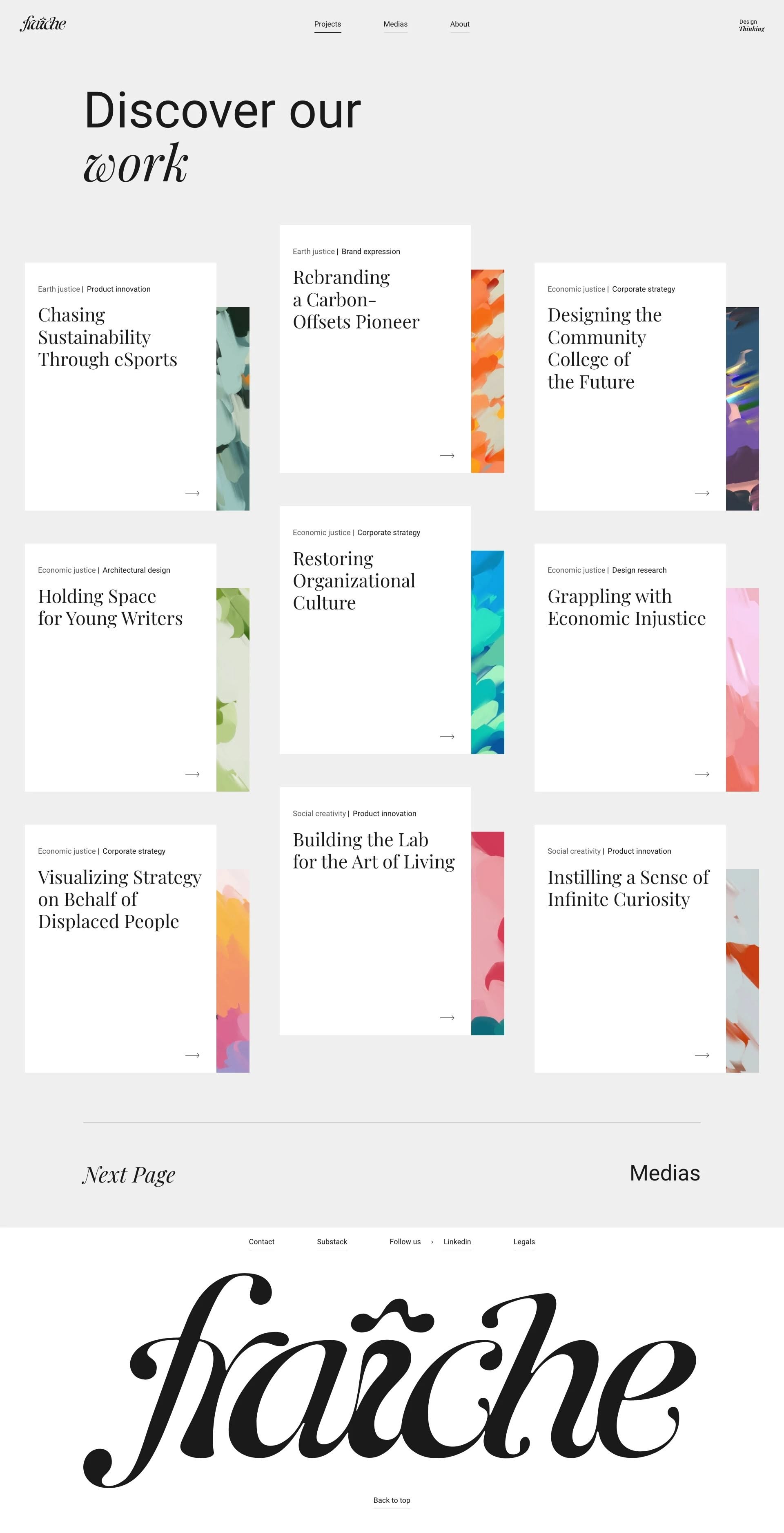 The design presents a clean, minimalist portfolio layout using a grid structure to showcase various projects. It employs ample white space and subtle color accents to create a sophisticated and professional visual experience.