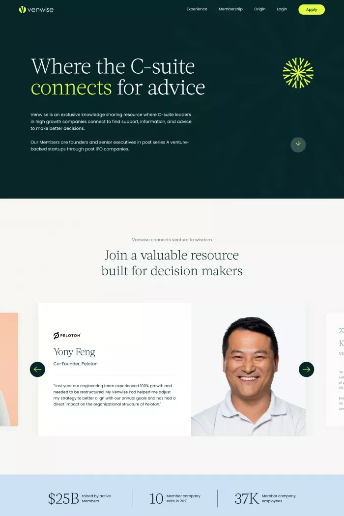 The design is clean, modern, and professional, utilizing a dark, muted color palette with bright accent elements. The layout is spacious and hierarchical, effectively guiding the user's eye through the value proposition and social proof sections.