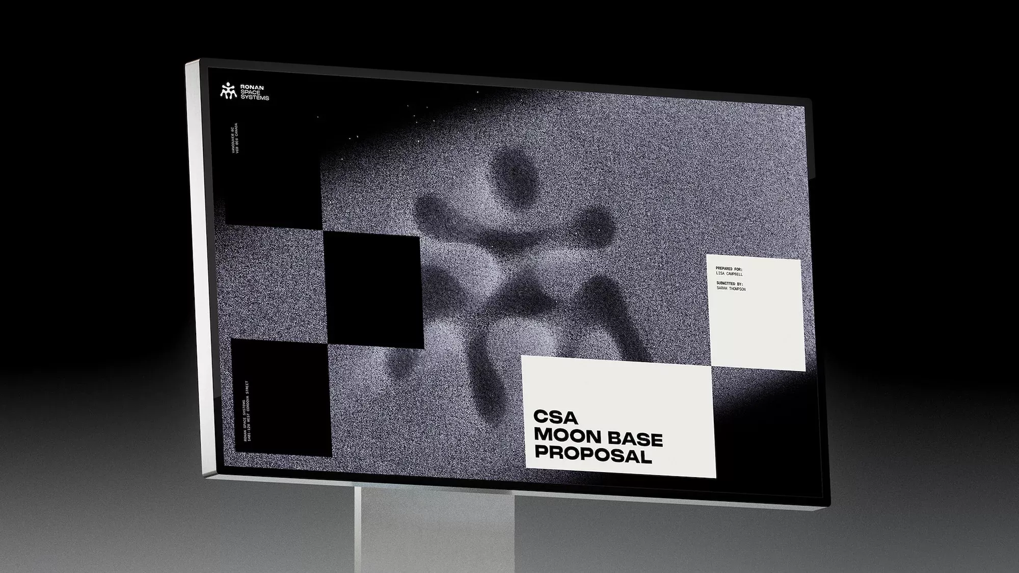 The image presents a stark, high-contrast visual study dominated by grayscale tones, featuring an abstract, ghostly silhouette against a grid structure. The design feels technical, serious, and focused, utilizing negative space effectively to draw attention to the central form.