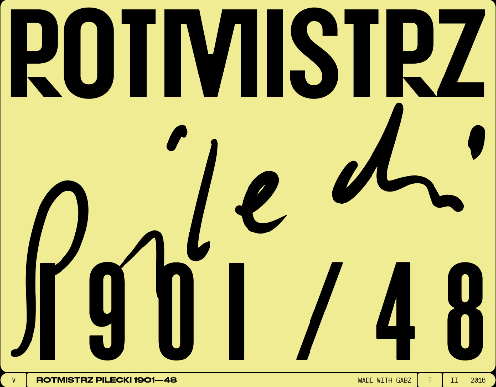 A bold, modernist poster design featuring a striking contrast between geometric sans-serif typography and expressive handwritten script. The composition uses a vibrant yellow background with black text, creating a high-impact visual statement characteristic of early 20th-century avant-garde design.
