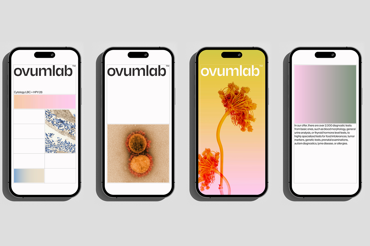The image displays a series of mobile app screen mockups for a company named 'ovumlab', characterized by clean, modern UI design. The visual language is professional and clinical, using a sophisticated color palette to suggest scientific or diagnostic services.