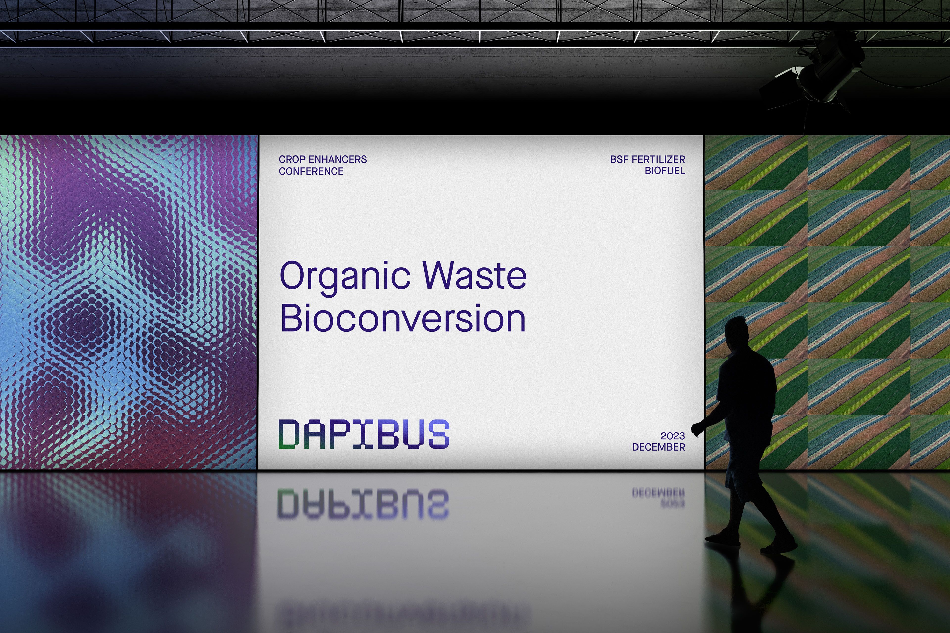 This is a high-production presentation graphic utilizing smooth gradients and clean typography set against a dark, industrial backdrop. The design effectively balances corporate professionalism with themes of sustainable science and innovation through its clear visual hierarchy.