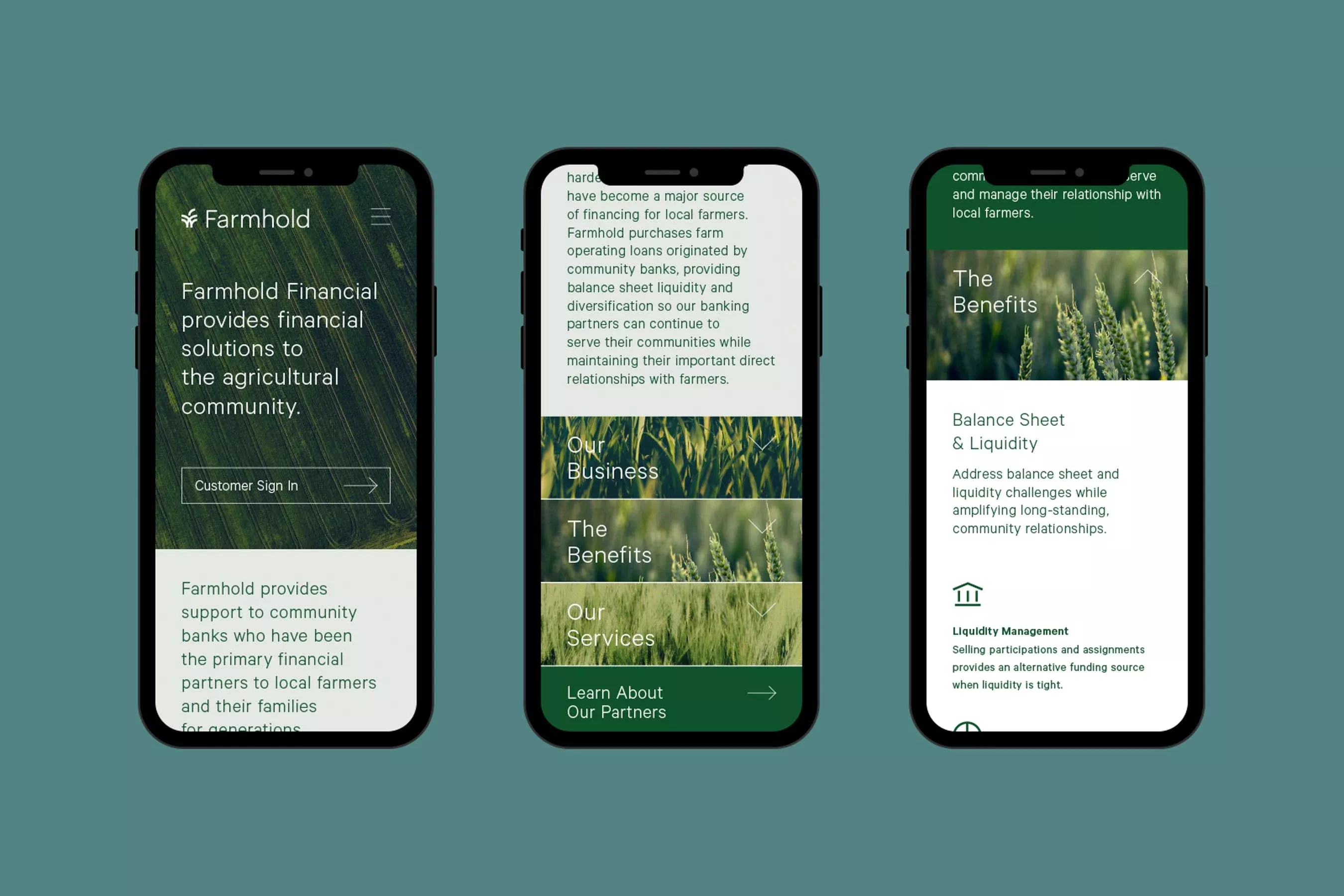 The design features a clean, modern mobile application interface characterized by a nature-inspired color palette and ample white space. The visual language is professional, trustworthy, and organic, using soft greens to evoke themes of agriculture and community support.