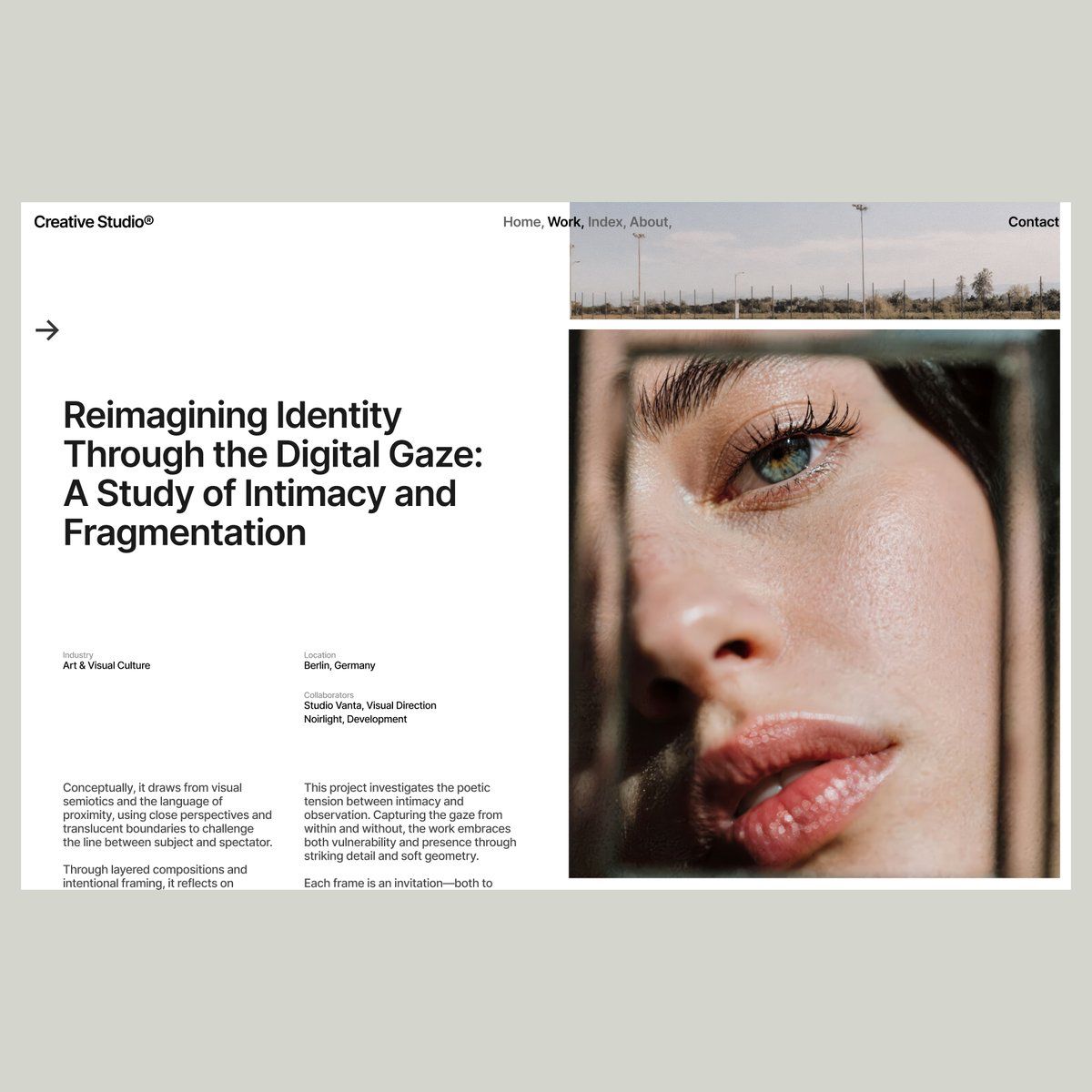 A minimalist, contemporary design portfolio layout featuring a split-screen composition with typography-heavy left side and striking photographic imagery on the right. The design employs a restrained color palette and clean grid structure, presenting an academic or artistic research project with sophisticated visual hierarchy.