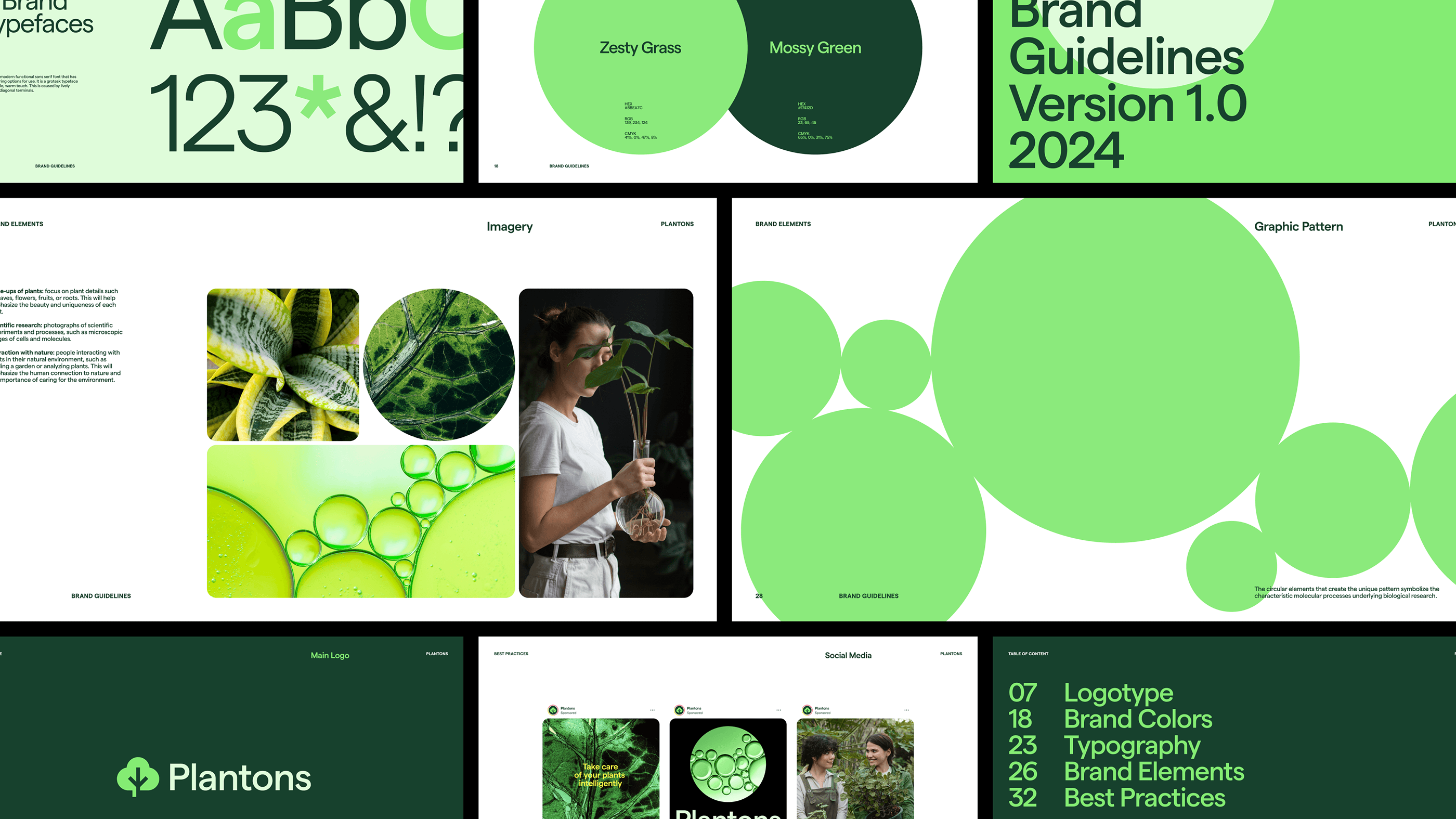 The image displays a collection of clean, modern, and nature-inspired design templates or mockups, characterized by a strong use of a vibrant, fresh green palette. The overall visual language is minimalist yet engaging, focusing on organic shapes and clear typography to convey a sense of vitality and professionalism.