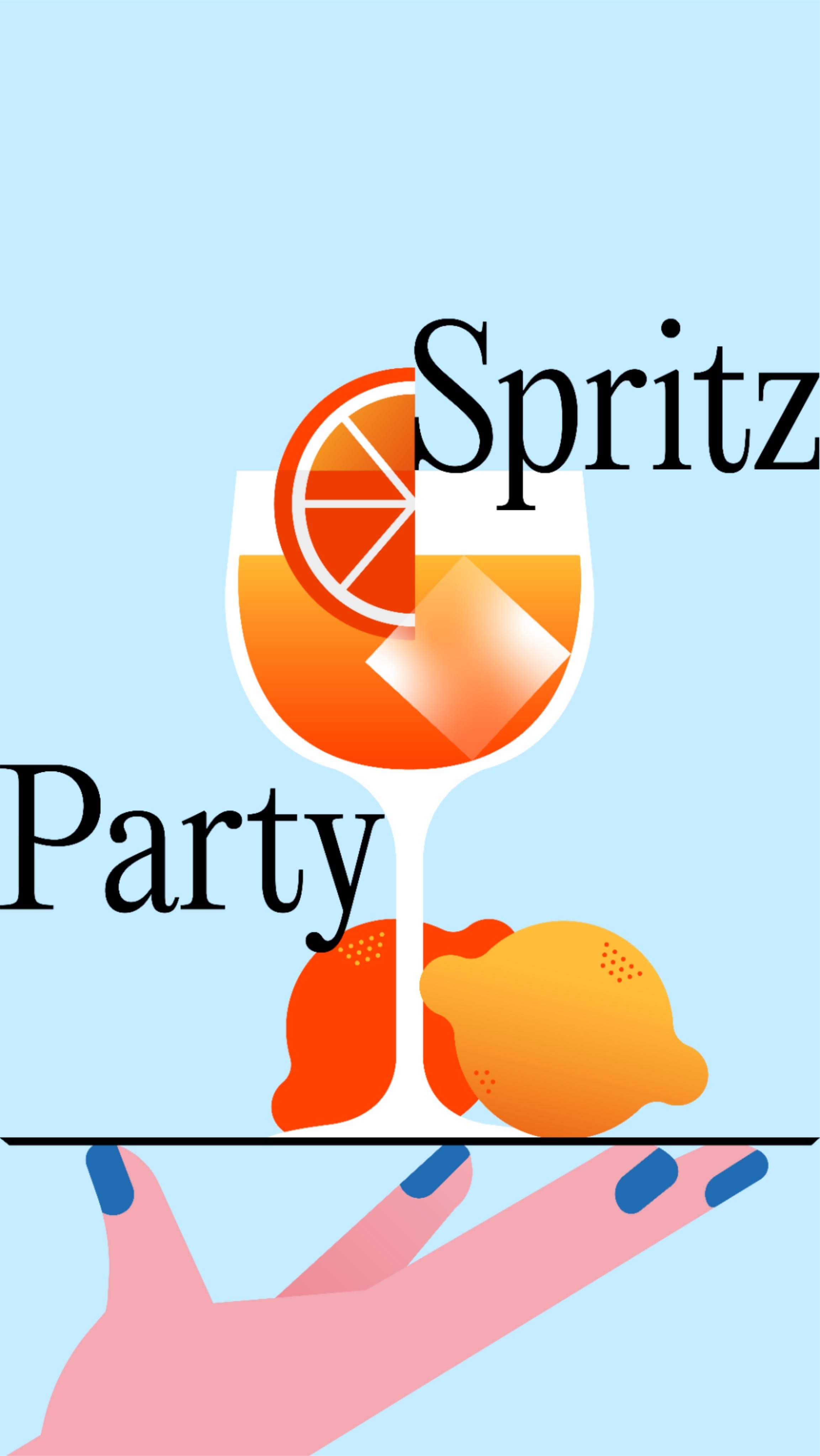 This graphic uses a clean, flat illustration style to promote a beverage or party theme. The visual language is bright and refreshing, relying on warm citrus tones contrasted against a cool blue background to create an inviting, summery atmosphere.