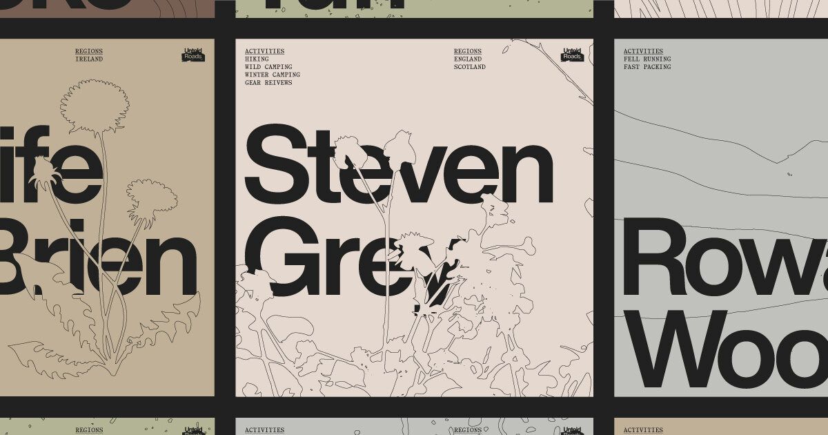 The image displays a grid of minimalist, nature-inspired typographic designs, characterized by muted earth tones and hand-drawn line art. The overall visual language is clean, organic, and sophisticated, suggesting a connection to outdoor or artisanal brands.
