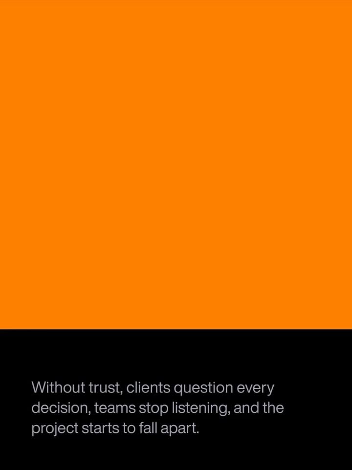 The image is a stark, minimalist design dominated by a solid, vibrant orange field contrasted sharply with black text. The visual language is direct and assertive, relying on high contrast to convey a serious message about trust and project failure.