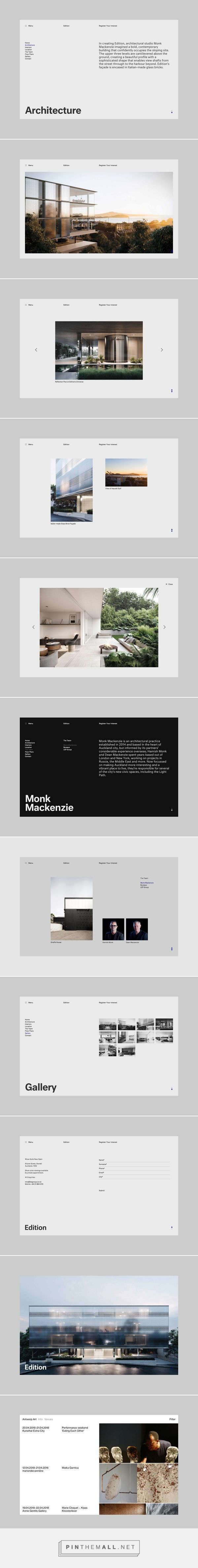 The image displays a series of mockups or portfolio pages, characterized by a clean, minimalist, and professional layout. The visual language relies heavily on white space, subtle grays, and high-quality photographic elements to present design work in a structured manner.
