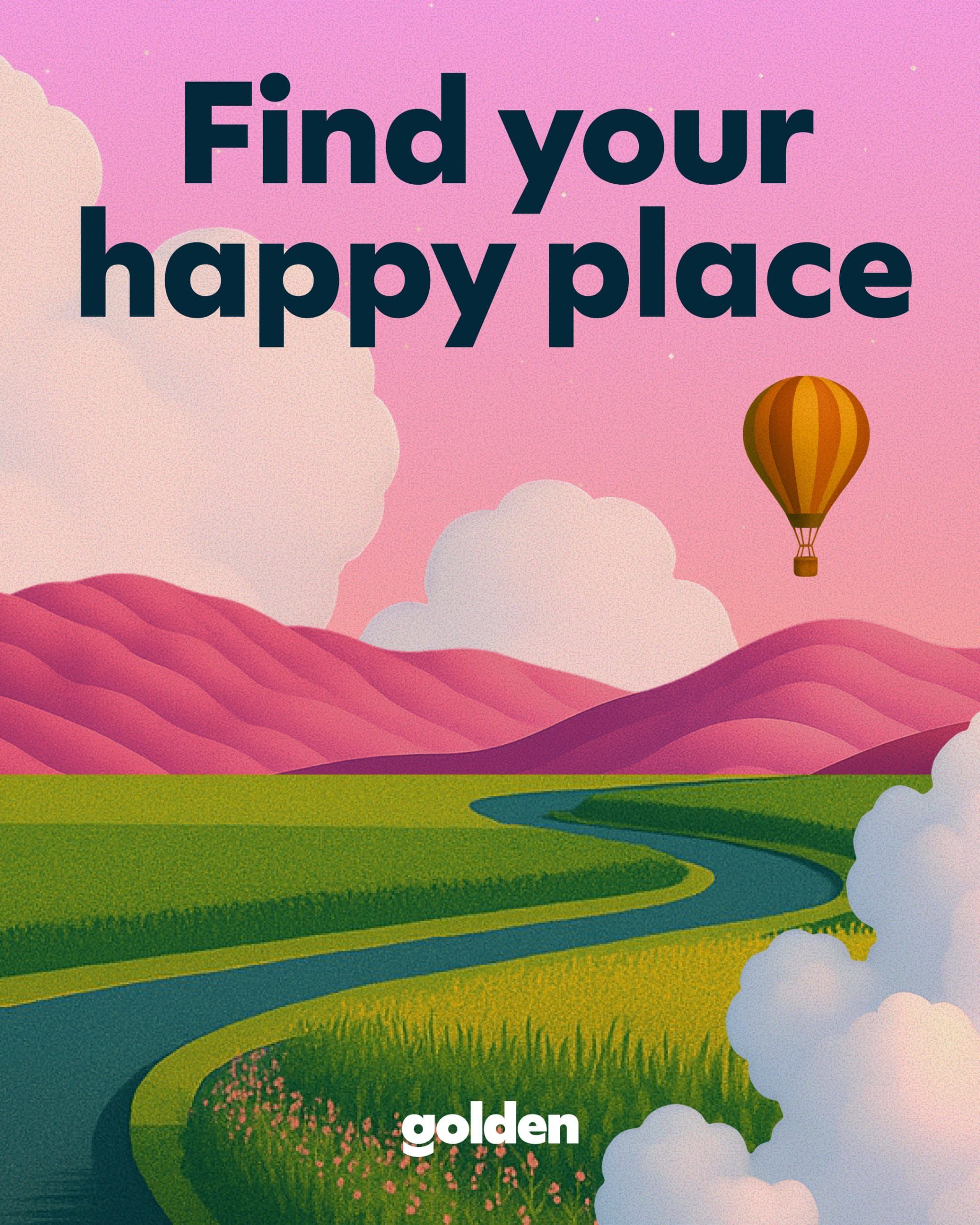 This is a vibrant and soft-toned illustration with a dreamy, optimistic aesthetic, utilizing smooth gradients and rounded shapes to evoke feelings of peace and discovery. The design balances natural landscape elements with playful, whimsical elements like the hot air balloon.