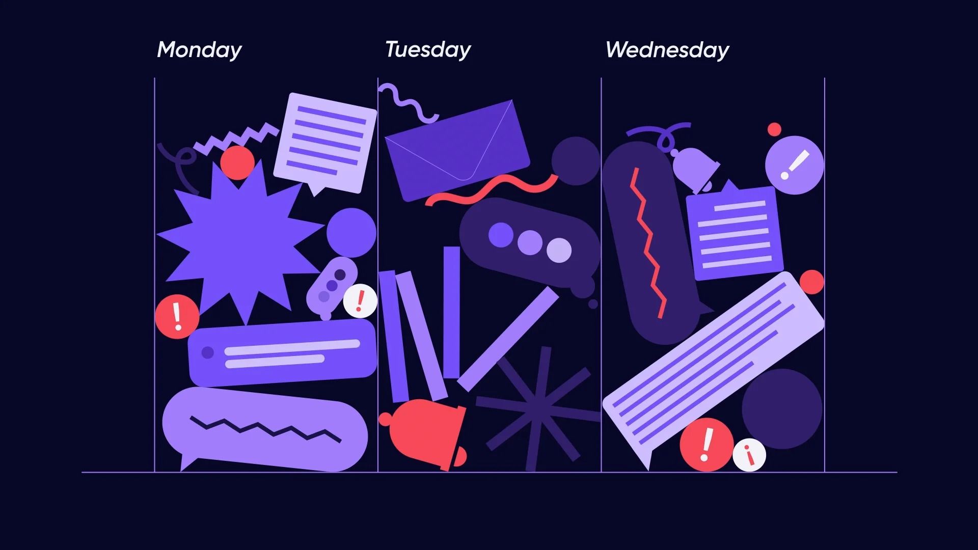 This design utilizes a clean, modern flat illustration style to represent a weekly schedule or timeline. The visual language is characterized by simple geometric shapes and line work, creating an organized yet dynamic feel. The composition effectively uses color blocking to segment daily activities clearly.