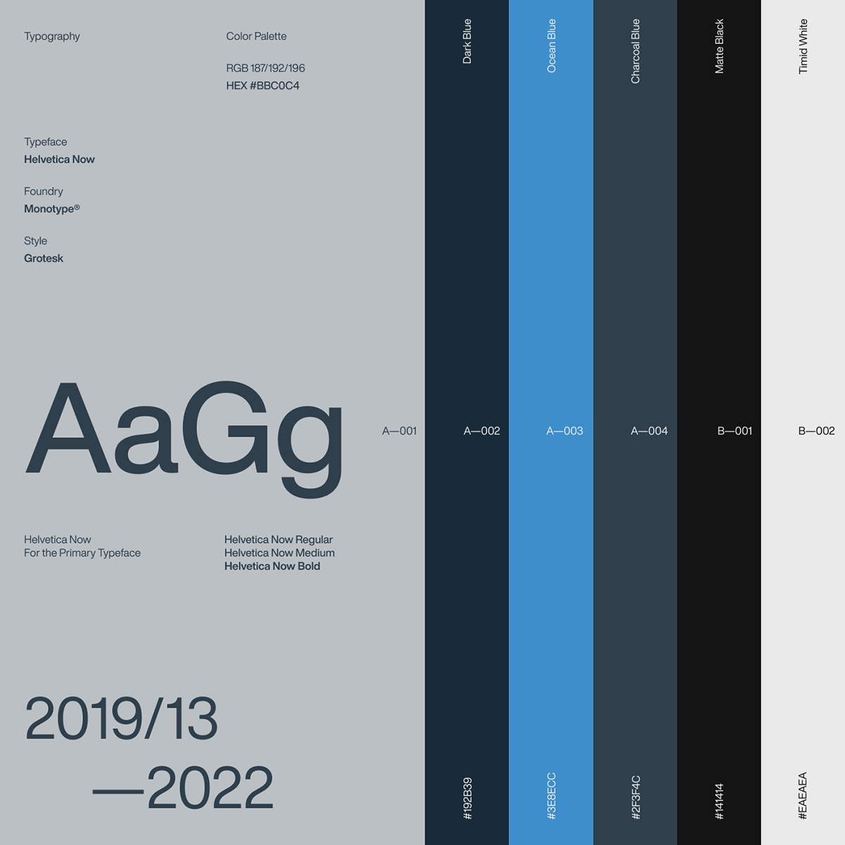 This design presents a clean, modern, and professional aesthetic characterized by a strong monochromatic palette accented with cool blues. The layout is minimalist, utilizing ample white space to emphasize the large, bold typeface and structured color blocks.