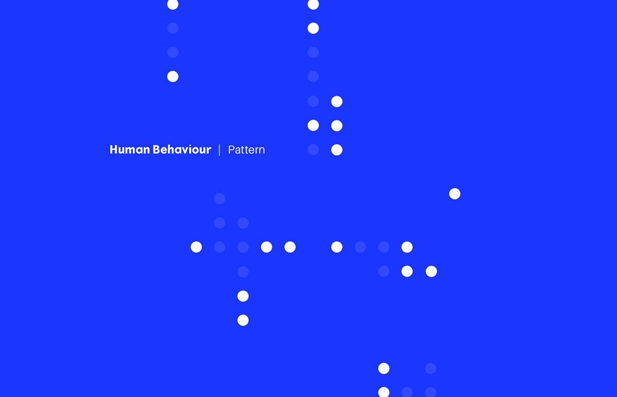 The image features a minimalist, abstract composition dominated by a vibrant blue background and scattered white dots forming an irregular pattern. The design relies heavily on negative space and the distribution of simple geometric elements to create a sense of texture or data visualization.