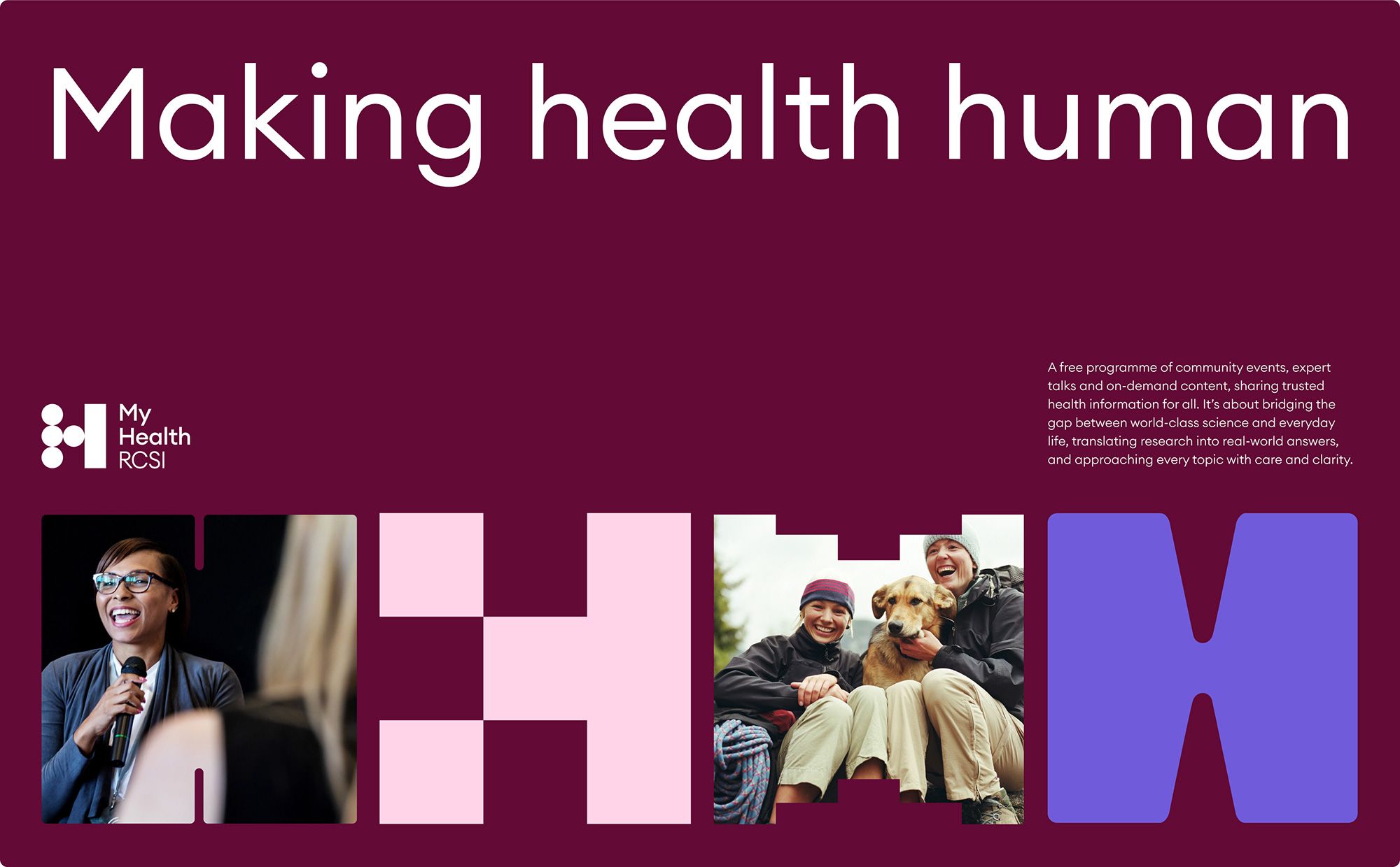 The design is clean, modern, and professional, utilizing a strong color contrast between deep purple/maroon and bright pink accents. The layout is balanced, featuring prominent text at the top and a compelling photographic element at the bottom to convey a sense of community and health.