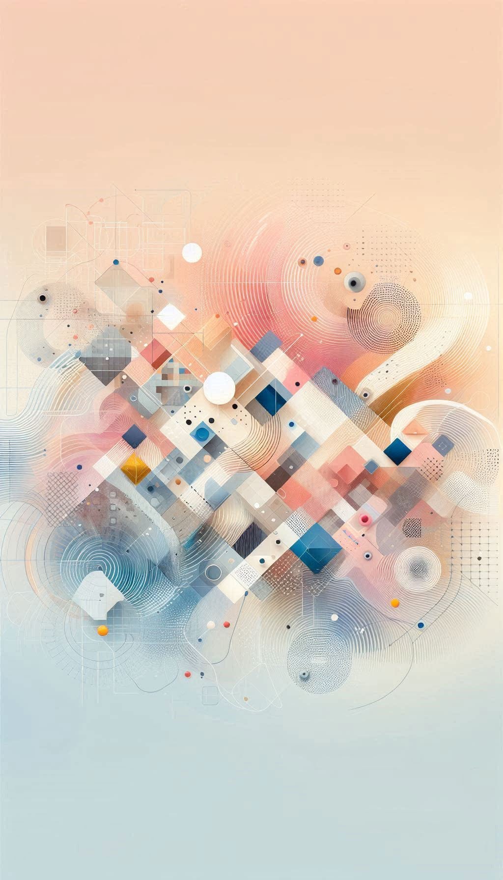 This is an abstract digital composition characterized by soft geometric shapes and smooth color gradients. The visual language blends modern minimalism with playful, organic textures, creating a light and airy atmosphere.