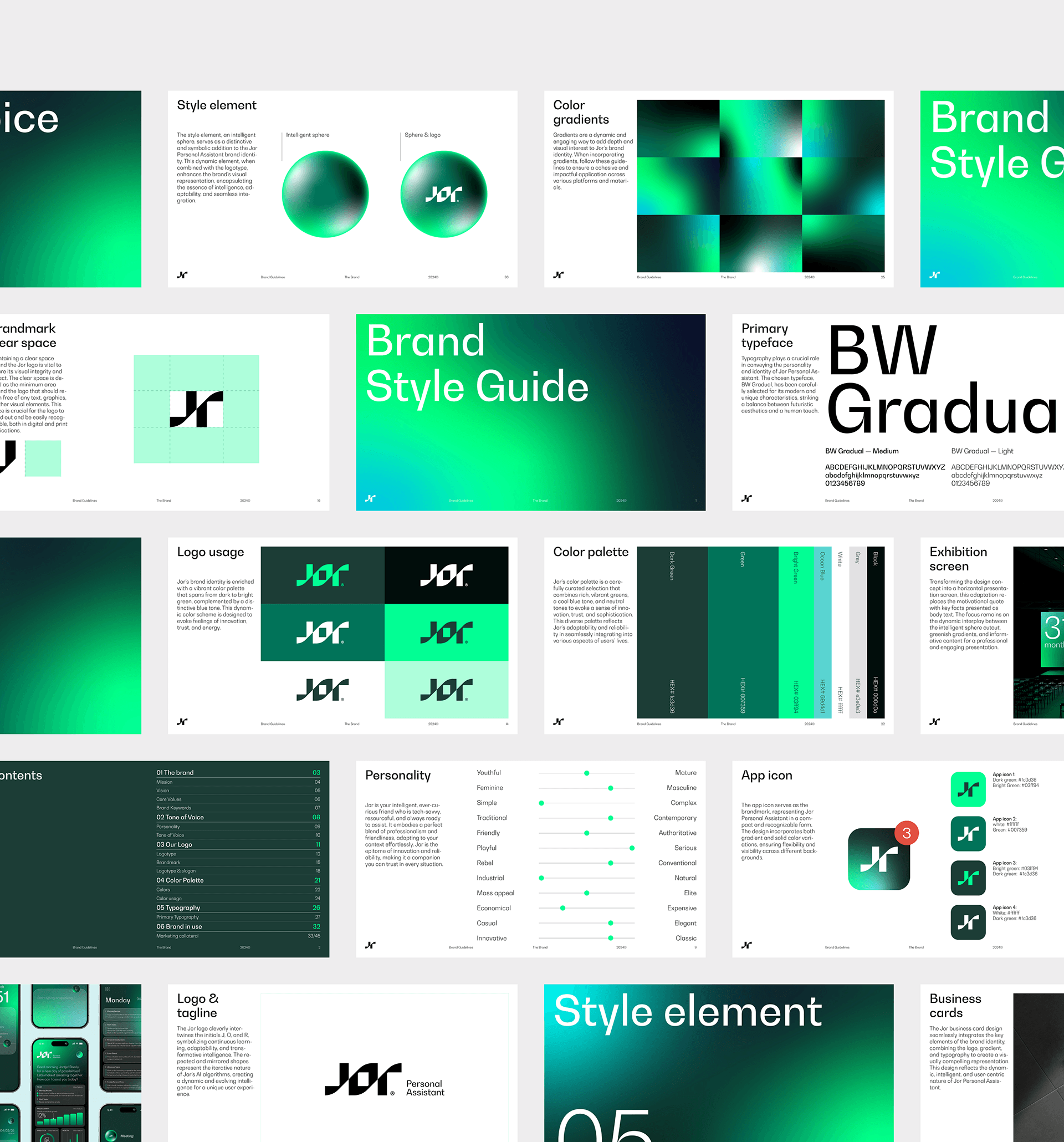 This collection showcases a modern, clean design system focused heavily on vibrant gradients and sophisticated dark mode aesthetics. The visual language is professional and precise, utilizing geometric shapes and strong color transitions to establish a cohesive brand identity.