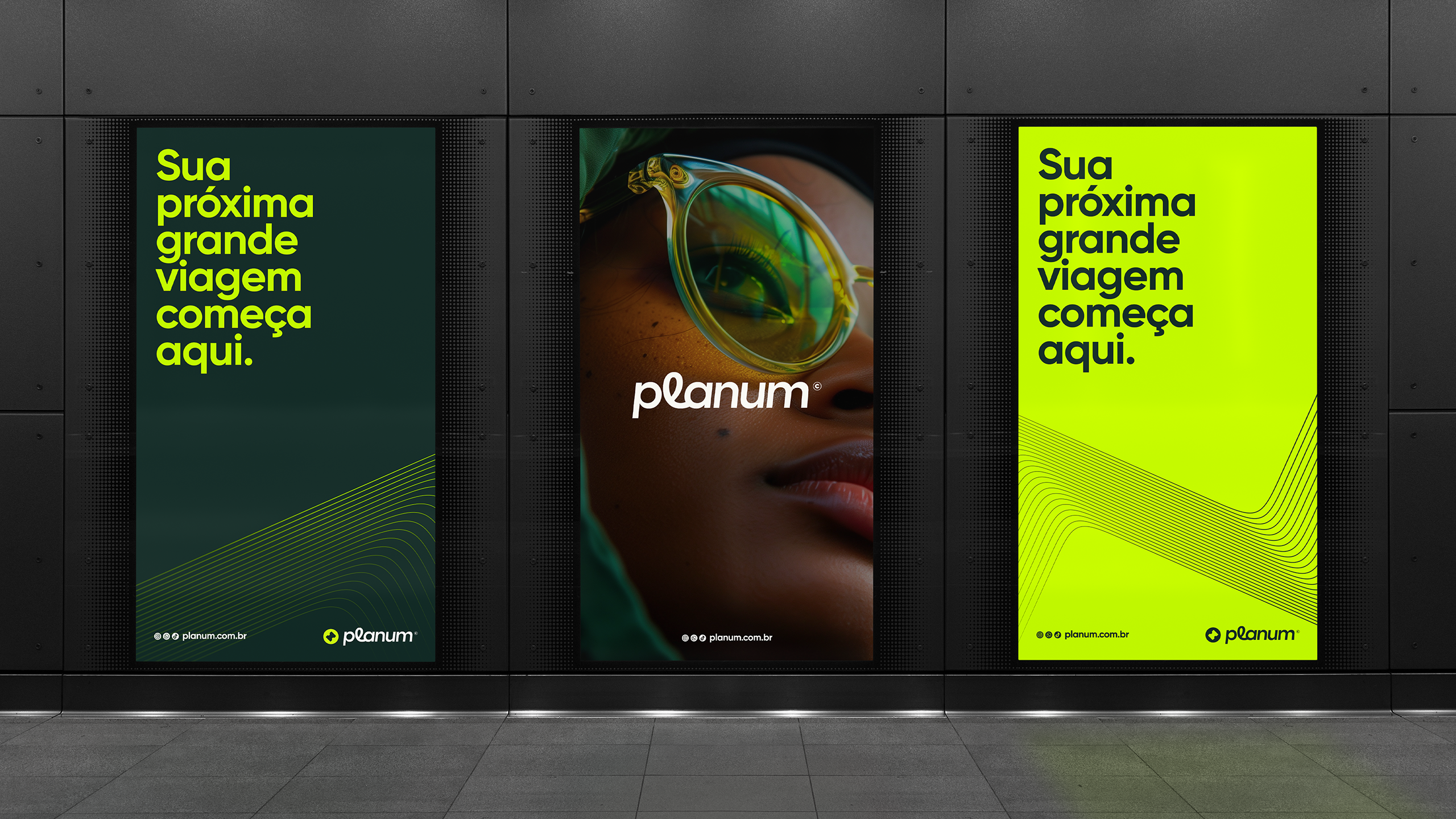 The design uses a clean, modern, and high-contrast aesthetic with a strong emphasis on vibrant lime green and deep olive tones. The layout is tripartite, presenting consistent messaging across three vertical panels, creating a sense of organized and forward-looking communication.