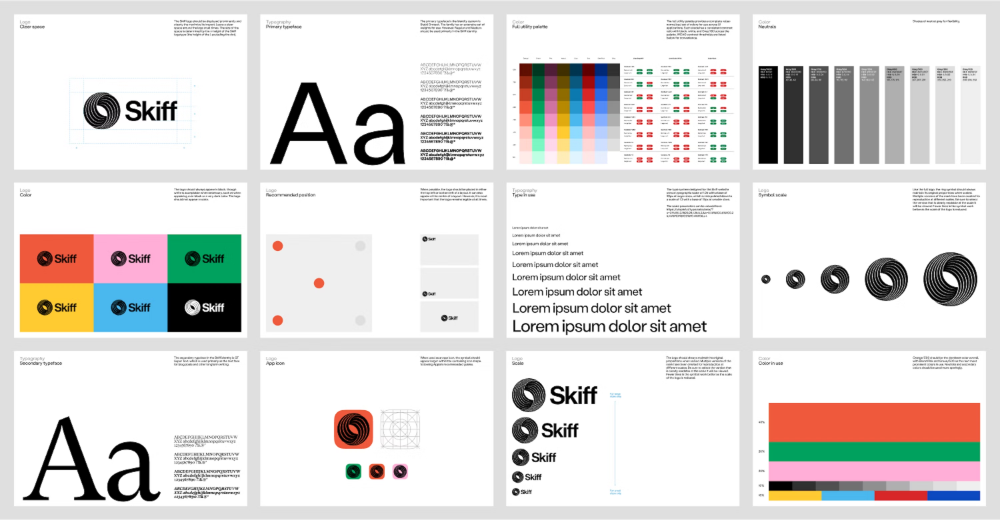 This image presents a highly organized grid showcasing various typographic treatments, branding elements, and color palettes. The visual language is clean, modern, and minimalist, emphasizing clarity and professional presentation of design assets.