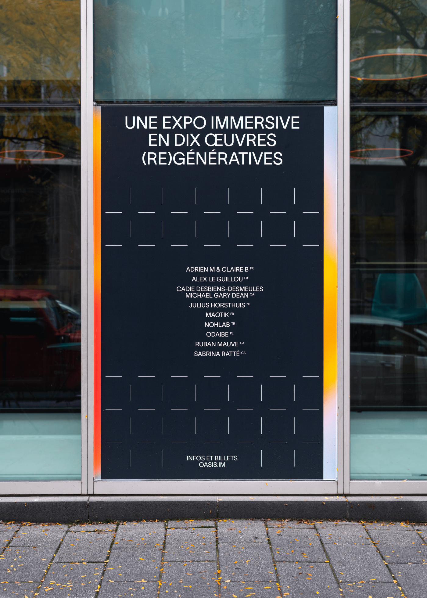 The design is minimalist and sophisticated, utilizing a stark black background with clean white typography to present an exhibition title. The layout is highly structured, relying on precise alignment and negative space to create a sense of order and gravitas.