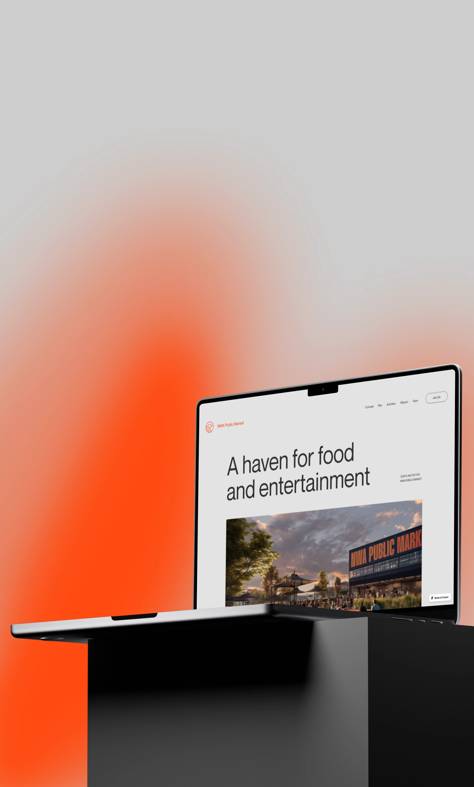 A modern, minimalist product showcase featuring a laptop displaying a hospitality website against a striking gradient backdrop. The composition blends contemporary digital aesthetics with bold color blocking, creating a sophisticated yet energetic visual presentation.