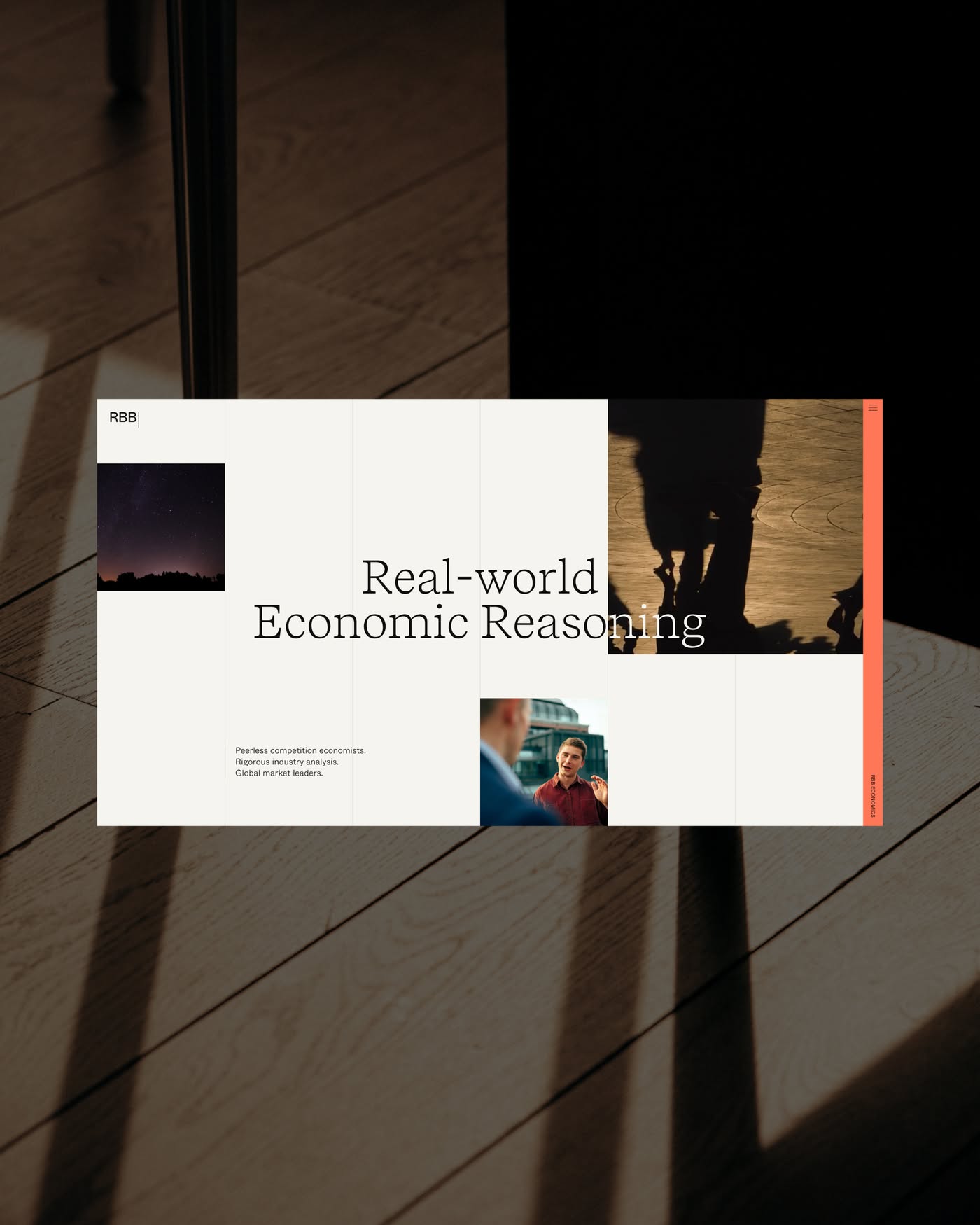 This design employs a high-contrast, minimalist aesthetic using muted earth tones and dramatic shadows to convey intellectual depth. The visual language is clean and sophisticated, balancing stark negative space with evocative photographic elements to create a serious and grounded tone.