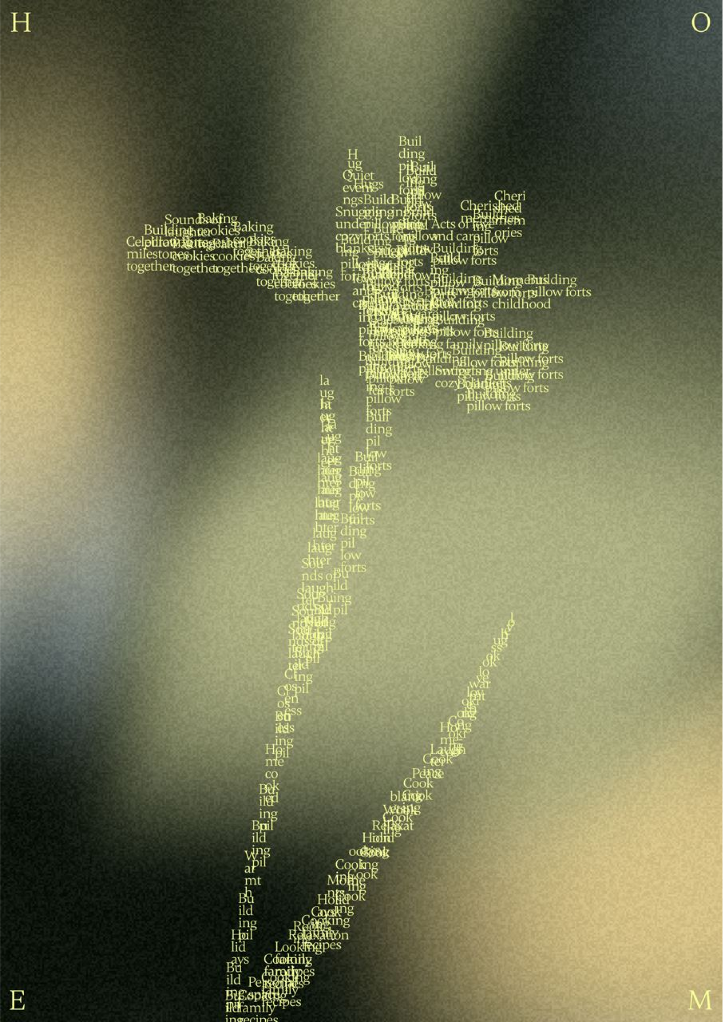 This image presents a dense, vertical field of text rendered in a muted, grainy texture against a soft, sepia-toned background. The composition is highly abstract, relying on the sheer volume of typography to create a sense of archival data or visual noise. The overall feel is quiet, dense, and reminiscent of forgotten documents or digital artifacts.