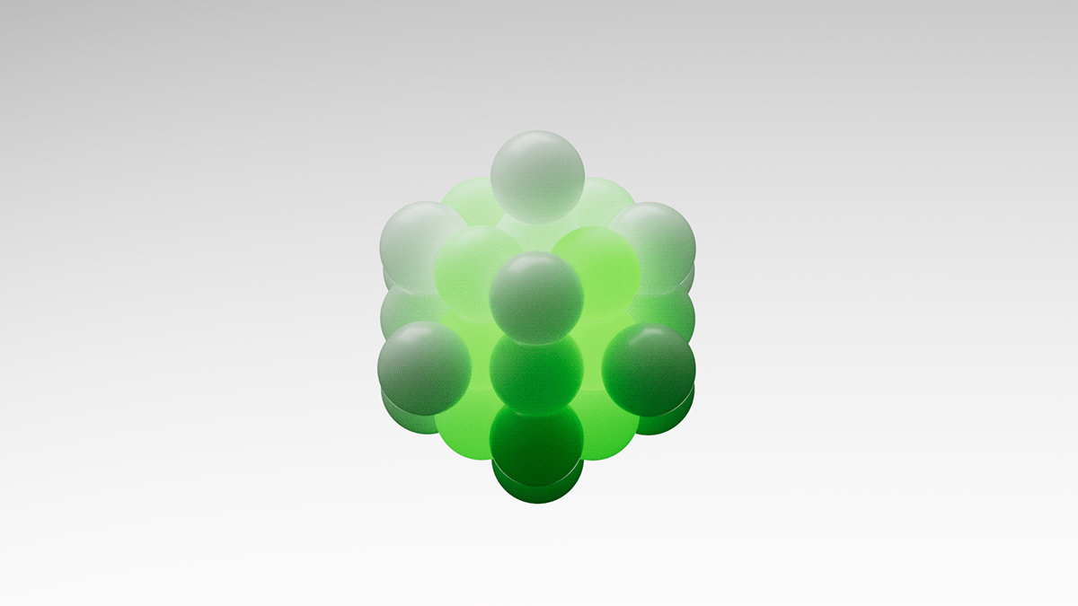 This is an abstract visualization featuring a dense cluster of translucent spheres rendered in various shades of vibrant green. The design explores volume, light interaction, and subtle tonal shifts to create a sense of depth and organic structure.
