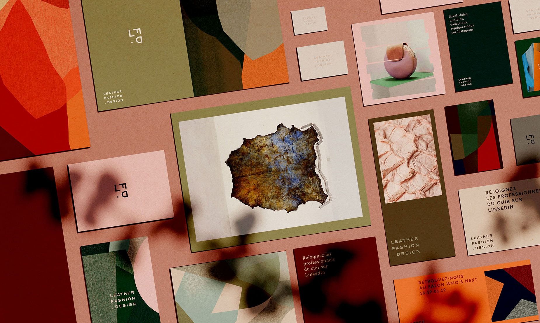 This image presents a sophisticated, modern, and tactile design portfolio or branding collection characterized by muted earth tones and organic shapes. The visual language relies heavily on texture, subtle color gradients, and clean, minimalist layouts to convey a sense of premium quality and artisanal craftsmanship.