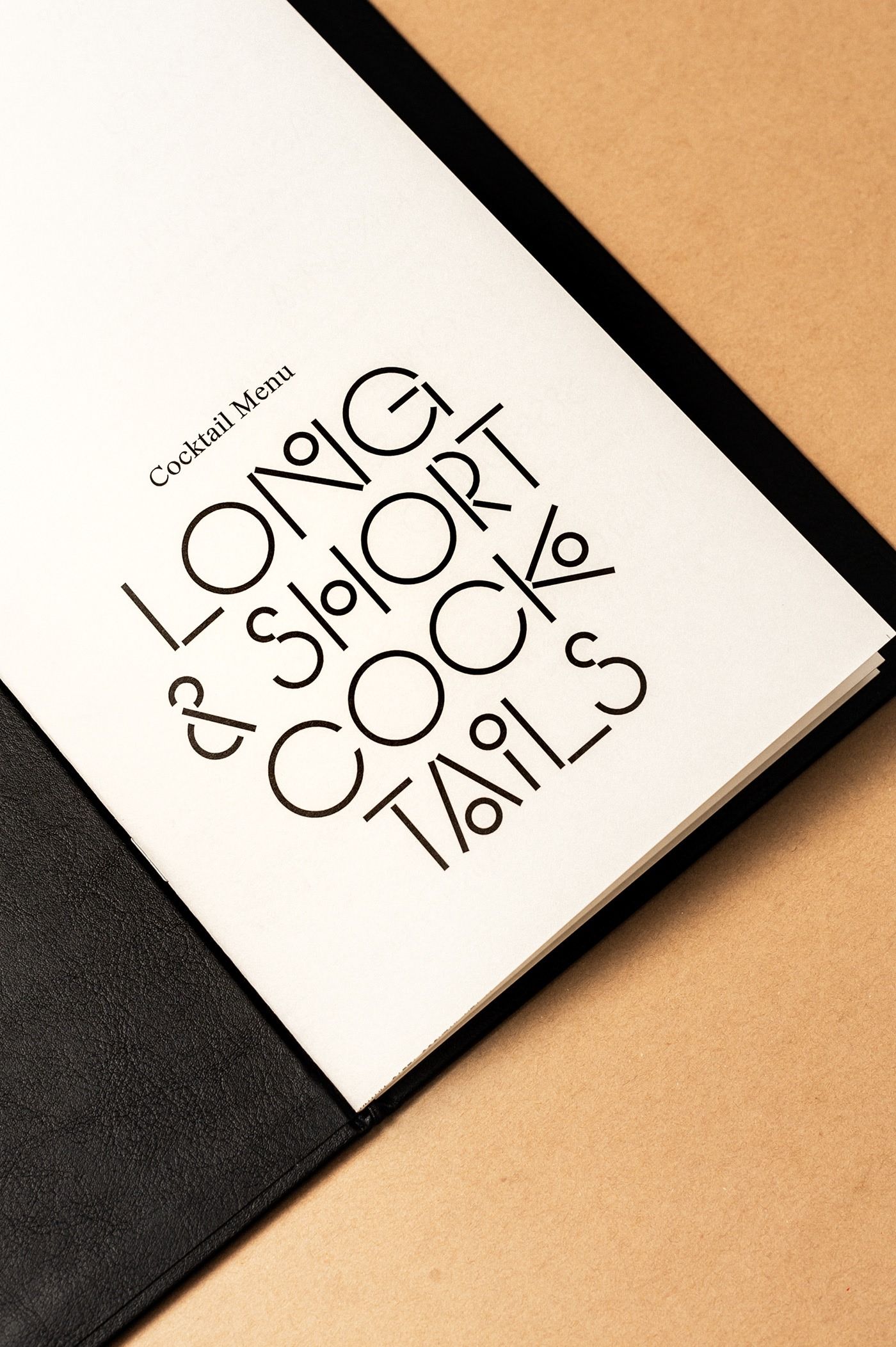 This is a minimalist and sophisticated presentation of a cocktail menu, utilizing high contrast between black text and a light background. The design emphasizes clean lines and ample negative space, conveying an air of refined elegance and modern simplicity.