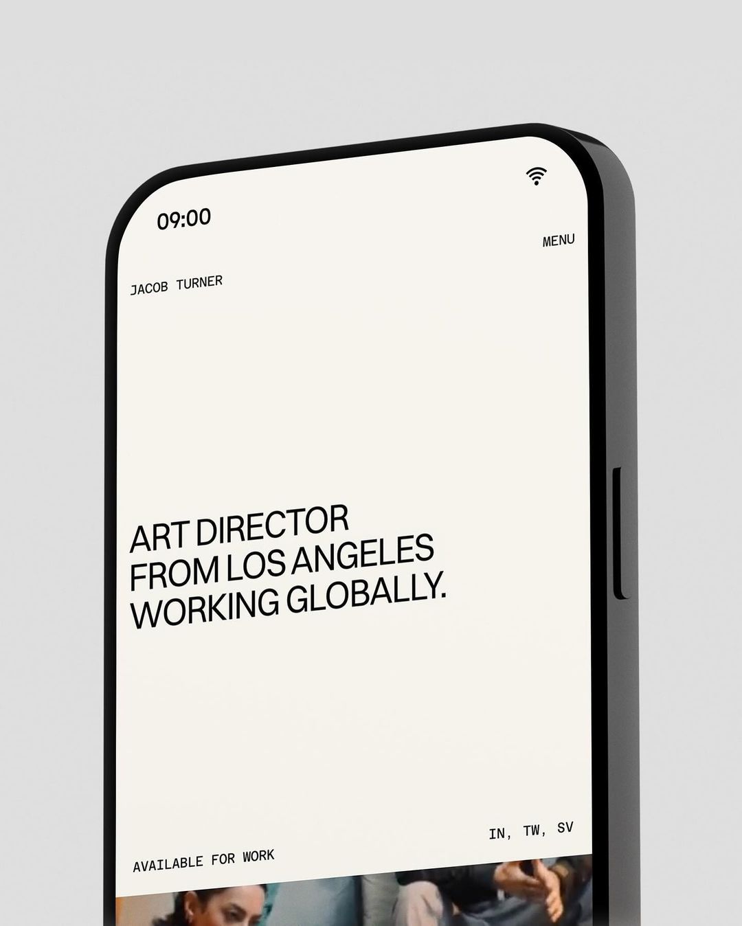 The interface presents a clean, minimalist mobile screen design with high contrast, focusing on clear typography and ample white space. The visual language is professional and modern, utilizing a dark theme for the frame against a bright content area.