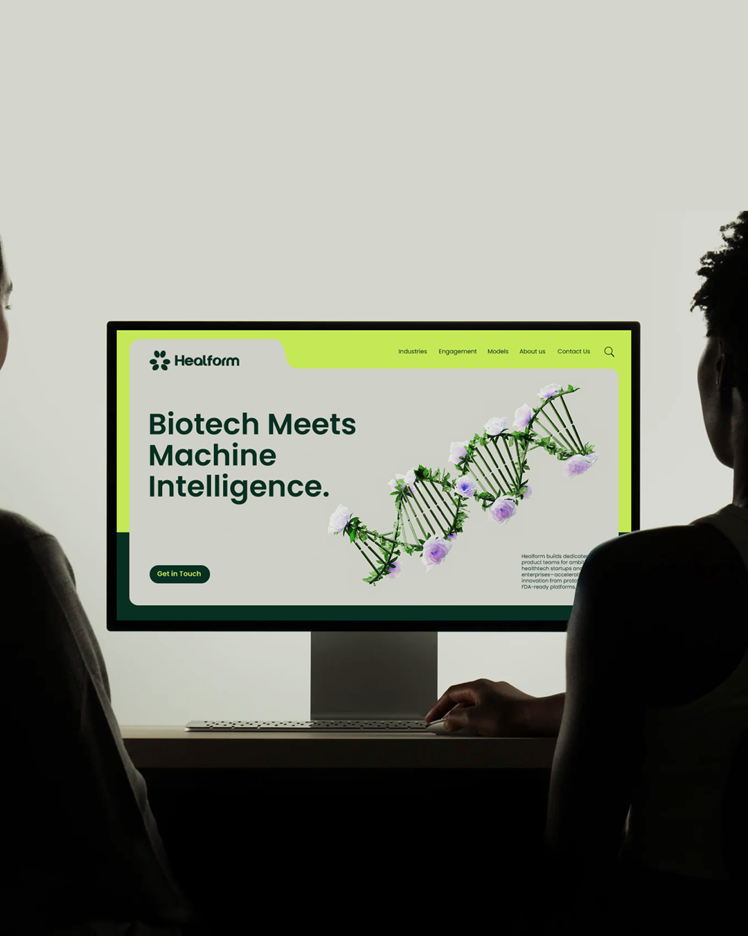 The image features a clean, modern digital interface design, likely for a biotech or health-related company. The visual language is professional and scientific, utilizing bright greens against a dark background to convey innovation and precision.