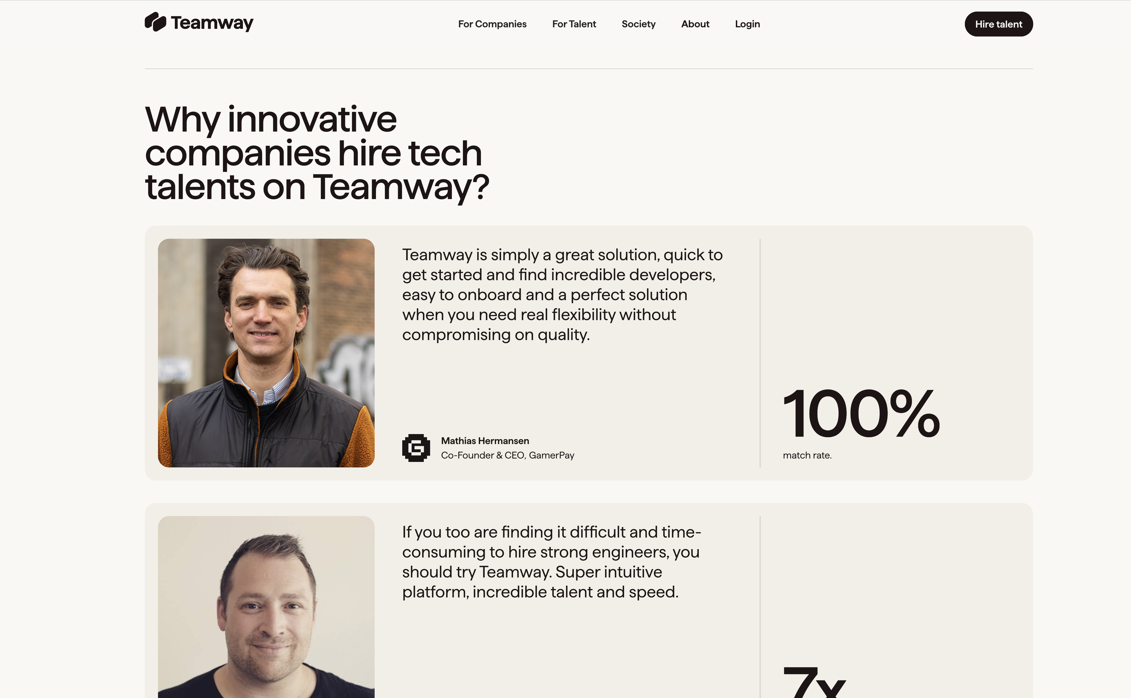 The image is a clean, professional webpage section designed to promote the benefits of hiring tech talent on Teamway. It uses a minimalist layout with clear text and photographic elements to convey trust and efficiency.