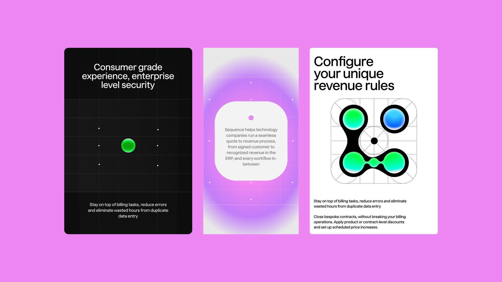 The image presents three distinct panels against a bright pink background, utilizing a clean, modern, and professional visual language. The design relies heavily on negative space, subtle gradients, and simple iconography to convey security, configuration, and process management effectively.