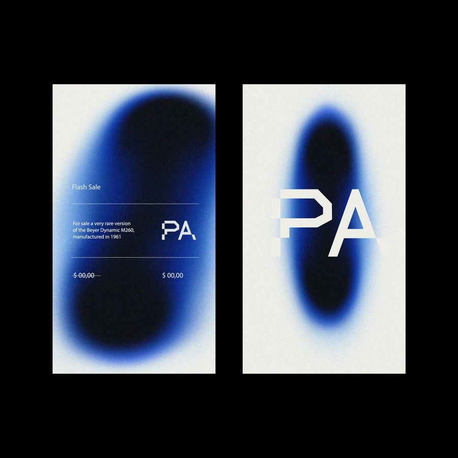 The design employs a stark, minimalist aesthetic dominated by deep indigo and soft white gradients, creating a sense of premium, technical elegance. The composition is clean and balanced, using negative space effectively to draw focus to the central, blurred forms.