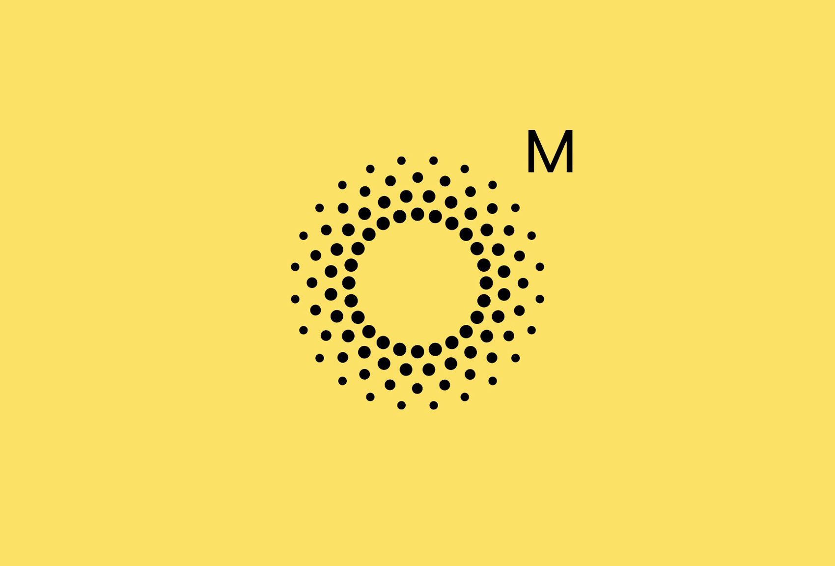 This is a minimalist logo design featuring a pattern of densely packed dots forming a circle, accompanied by a simple capital letter 'M'. The design relies on negative space and texture to convey a sense of precision and modern simplicity.