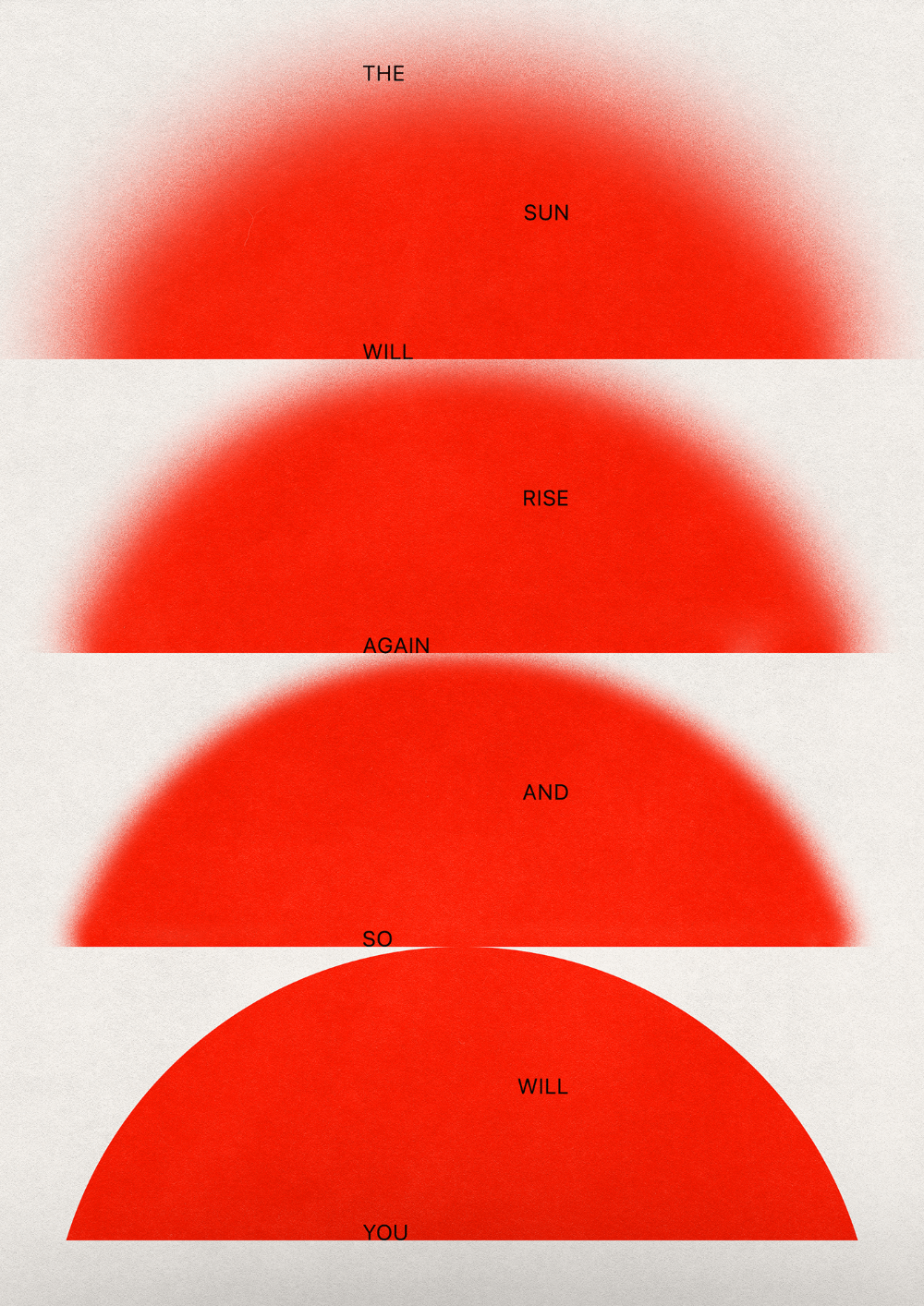 This image is a minimalist, layered composition using gradients of red to represent rising suns or intense energy. The design relies on simple, bold shapes and stark contrast between the vibrant red forms and the white background to create a sense of progression or emphasis.