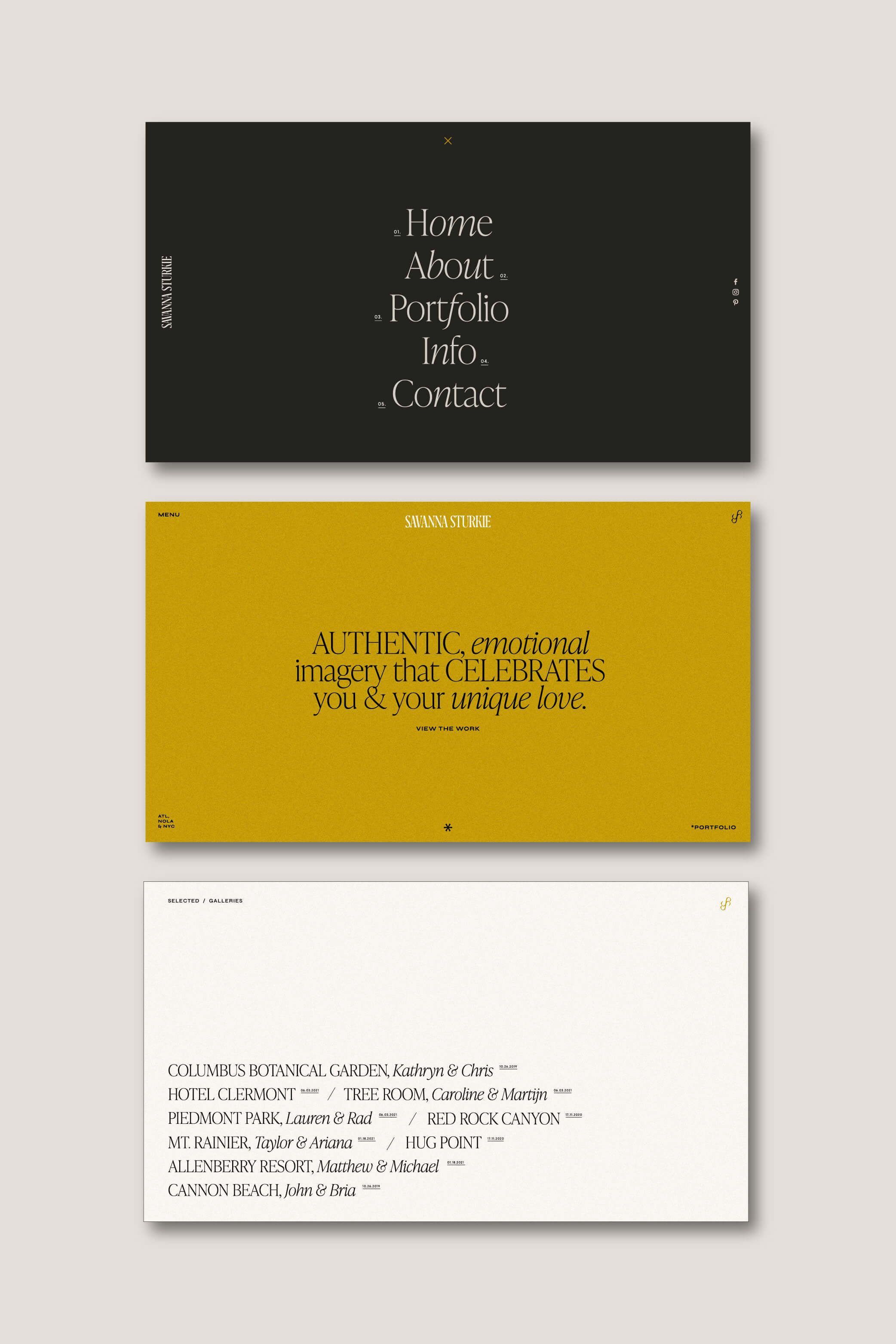 A minimalist portfolio or business card design system featuring three stacked cards with a refined, contemporary aesthetic. The design employs a restrained color palette and elegant typography to convey sophistication and professionalism, with clear hierarchical information architecture across the cards.