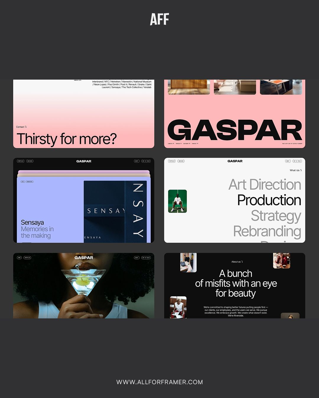 The image presents a clean, minimalist, and professional presentation of design work, likely showcasing branding or UI concepts. The layout is structured with distinct sections for different projects, emphasizing strong typography and negative space to convey a modern and sophisticated aesthetic.