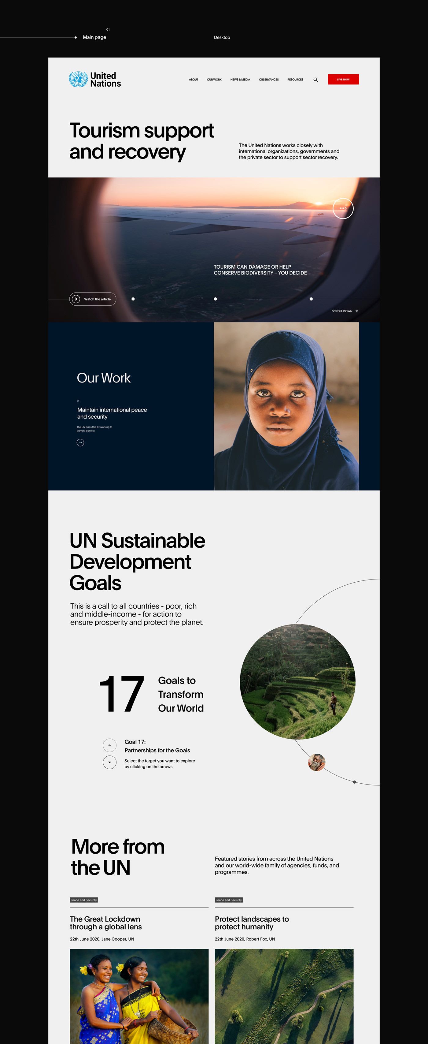 A modern, mission-driven website for a UN-affiliated organization focused on tourism support and sustainable development. The design combines aspirational photography with clean typography and a structured grid layout, emphasizing global impact and environmental consciousness.