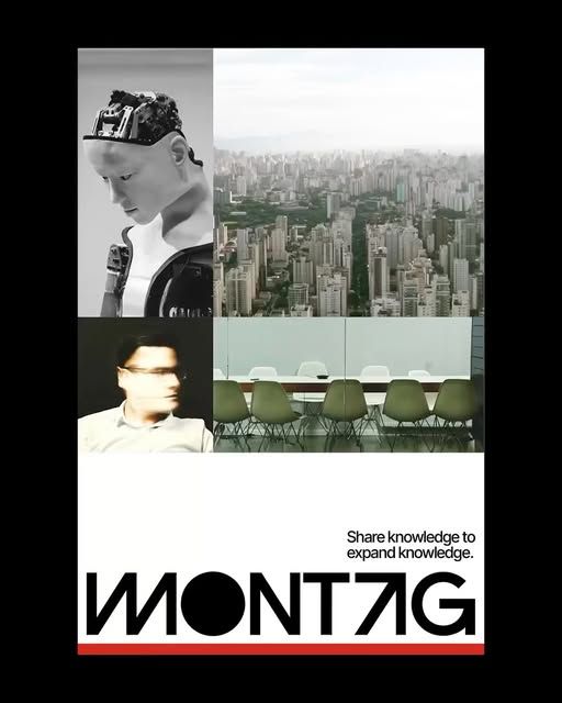 A modernist collage poster featuring fragmented imagery of people, urban landscapes, and interior spaces arranged in a grid layout. The design employs stark black-and-white photography with selective color accents, creating a sophisticated and intellectually-driven visual narrative. The composition balances geometric precision with conceptual depth, reflecting contemporary design thinking and knowledge-sharing themes.