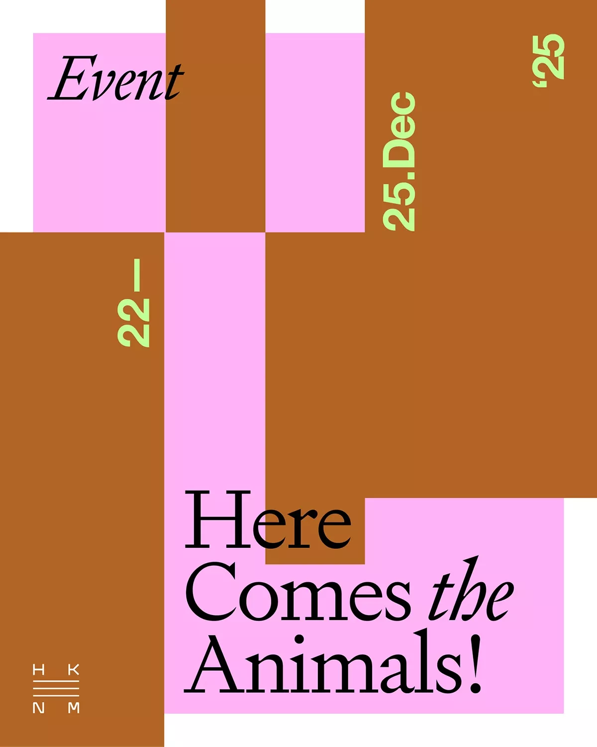 This design utilizes a strong geometric grid structure combined with a warm, earthy color palette contrasted by soft pink accents. The visual language is bold and segmented, creating a dynamic yet organized composition suitable for event promotion.