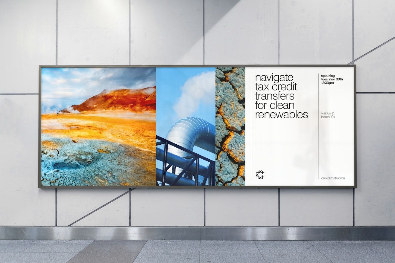 This is a large, horizontal display panel featuring a split image composition juxtaposing natural landscapes (desert/earth tones) with industrial elements (blue piping/structure), set against a clean, minimalist white background. The design balances organic textures with modern, corporate communication.