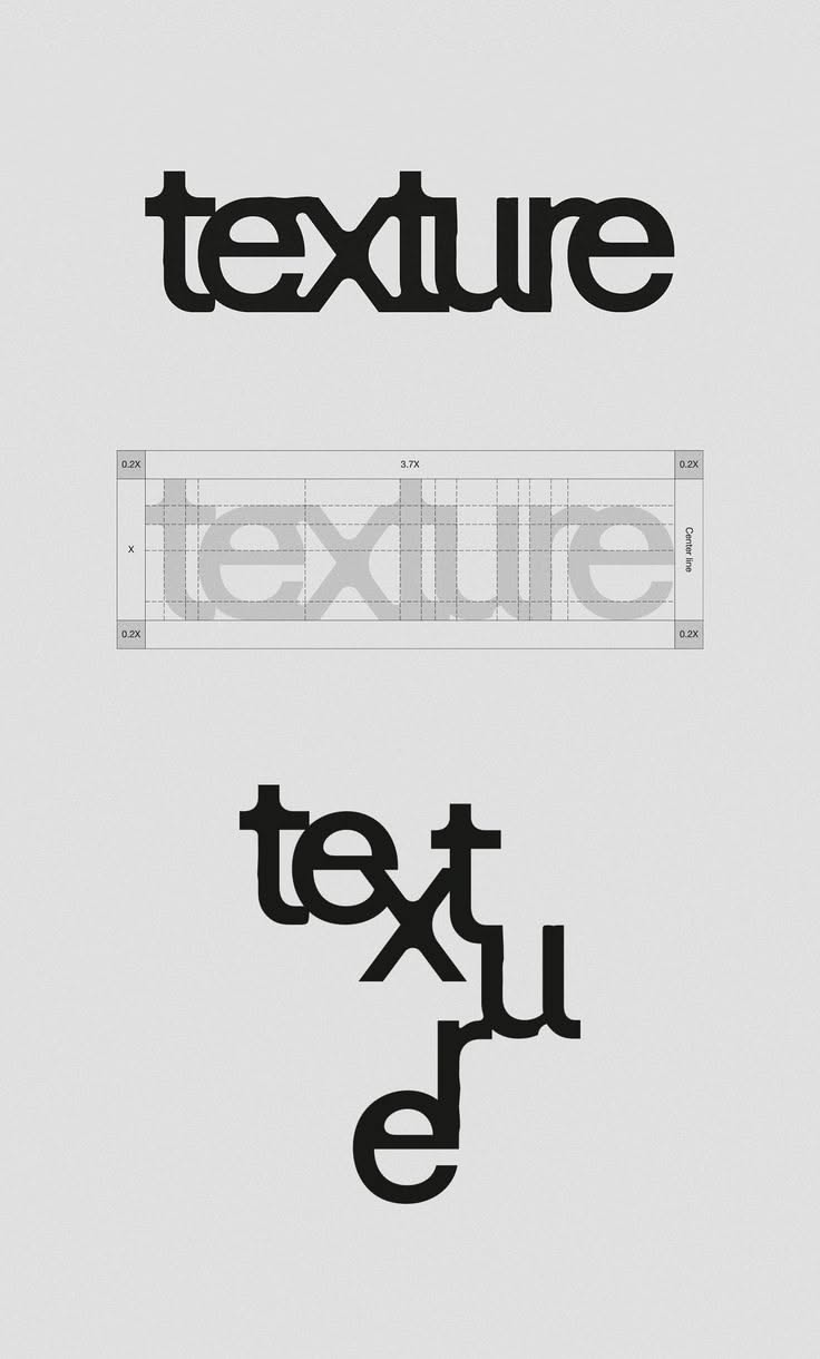 A minimalist typographic study showcasing the word 'texture' in three distinct variations, from a bold sans-serif treatment to a deconstructed wireframe layout to a playful rotated composition. The design demonstrates systematic exploration of letterforms and spatial arrangement against a neutral gray background.