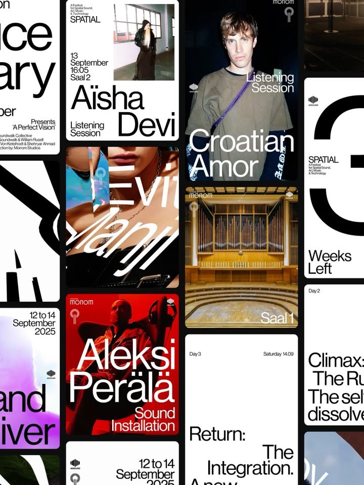 A dynamic, contemporary design collage featuring bold typography and mixed media elements arranged in an asymmetrical grid layout. The composition blends photography, architectural imagery, and graphic design with a sophisticated yet edgy aesthetic that suggests a cultural or music event series.